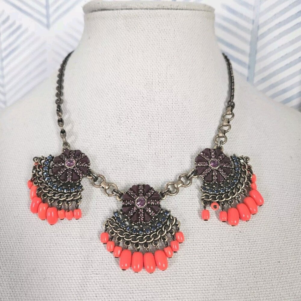 J.Crew Gold Tone Puple & Orange Beaded Fringe Bib Statement Necklace